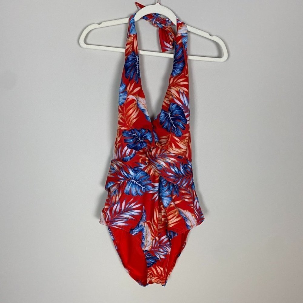 Evri‎ Twist Front Halter One Piece Swimsuit Floral Womens 1X Red Hawaiian - Picture 3 of 10
